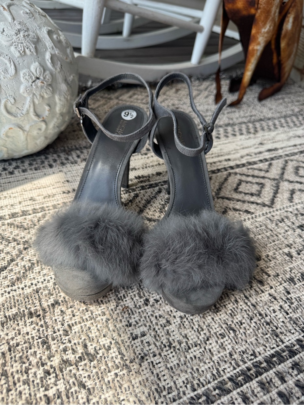 Michael Michael Kors Gray Fur Pom Platform Sandals